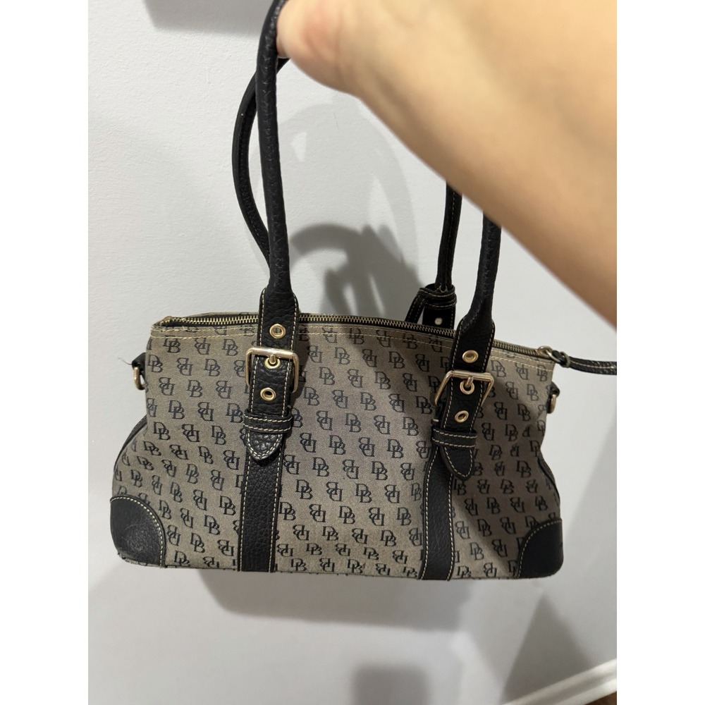 Vintage Dooney & Bourke Purse Gray Canvas, Navy BlackLeather Accents DB Logo Y2K - Picture 3 of 16